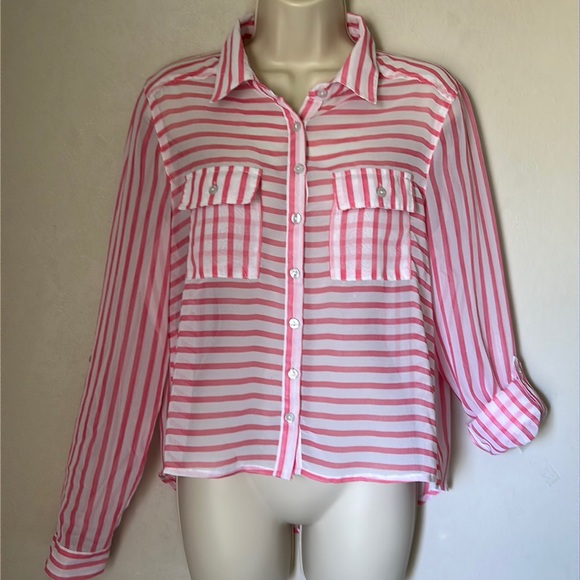 PASSPORT | SHEER BUTTON DOWN | MED | PINK AND WHITE - Picture 1 of 9